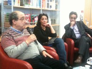 de gauche à droite, Tahar Bekri, Bouchera Azzouz, Anouar Benmalek, bibliothèque Couronne, Paris, janvier 2017